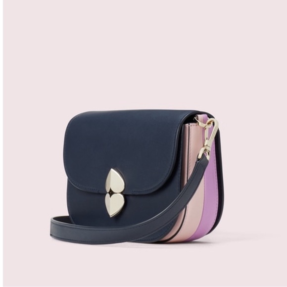 KATE SPADE Navy Blue Purple Pink Leather Colorblock Luna Saddlebag Crossbody Bag
